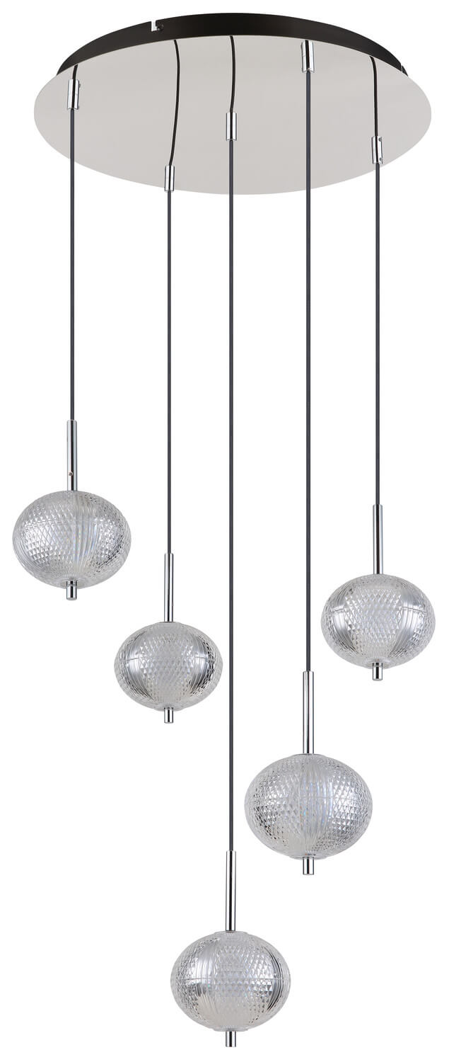 Luminaire éteint vu de face, cinq globes transparents et fins câbles verticaux