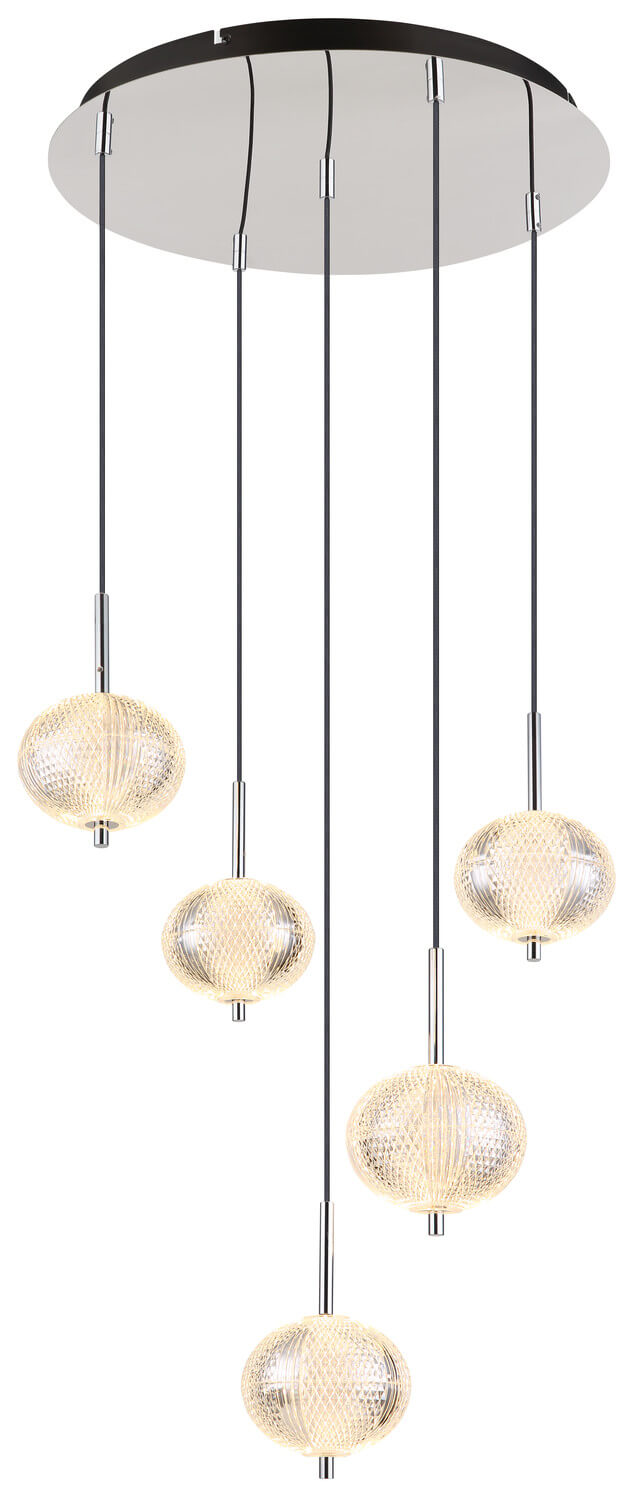 Suspension allumée en lumière chaude, verre diamanté diffusant un halo doré