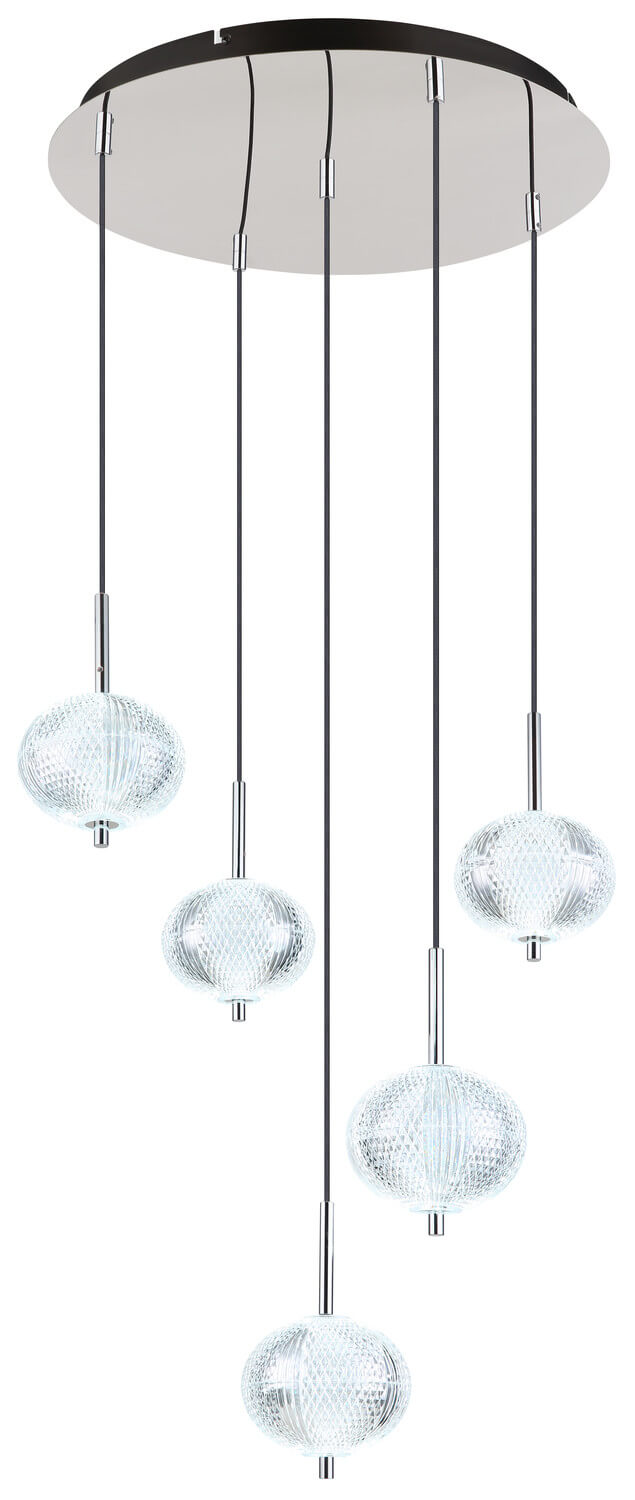 Vue de face allumée lumière blanche, cinq globes en verre moulé suspendus