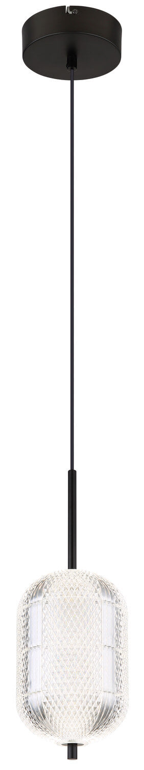 Suspension noire mat avec diffuseur en verre texturé, vue de face sur fond clair.