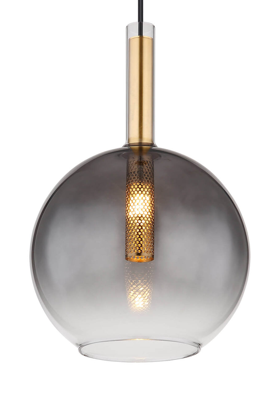 Détail rapproché du globe fumé et de la grille dorée perforée interne