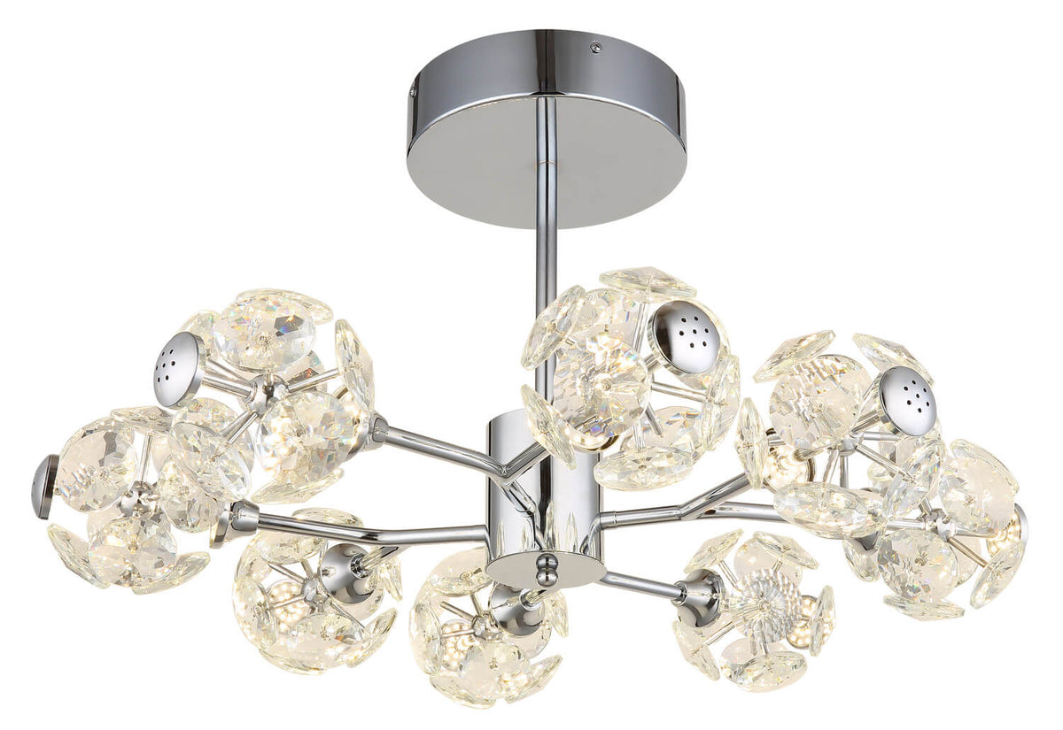 Vue en contre-plongée du luminaire montrant les douilles et globes en verre.