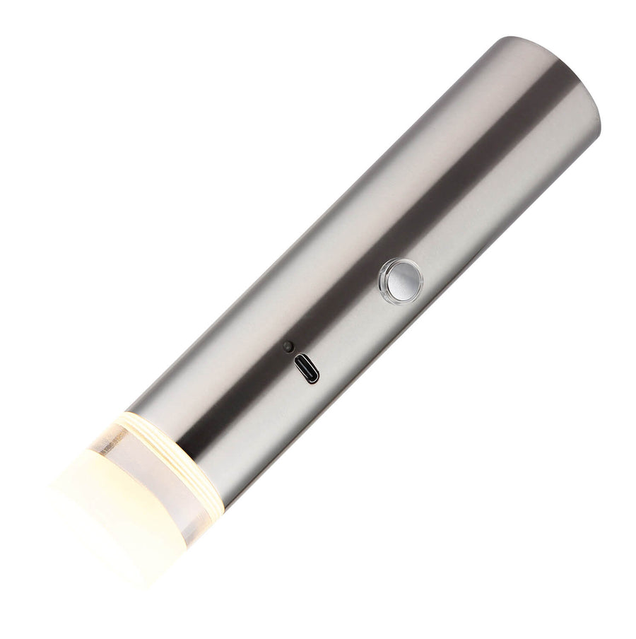Détail incliné du tube avec bouton, port USB-C et diffuseur lumineux