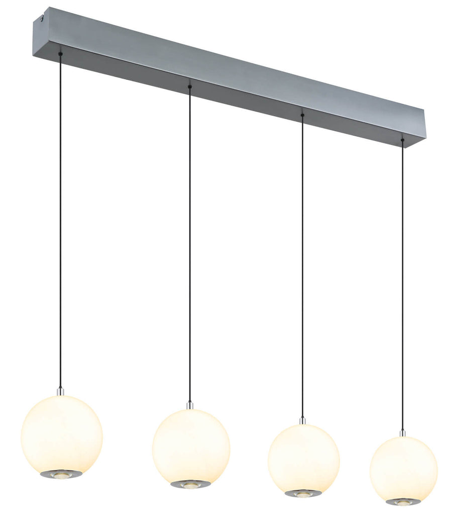 Détail du luminaire vu de trois quarts, quatre suspensions boules blanches et support rectangulaire.