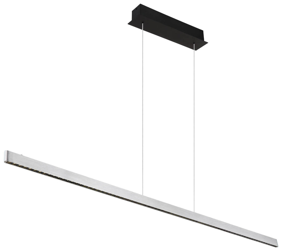 Vue trois quarts du luminaire suspendu, long profilé rectangulaire et fine suspension