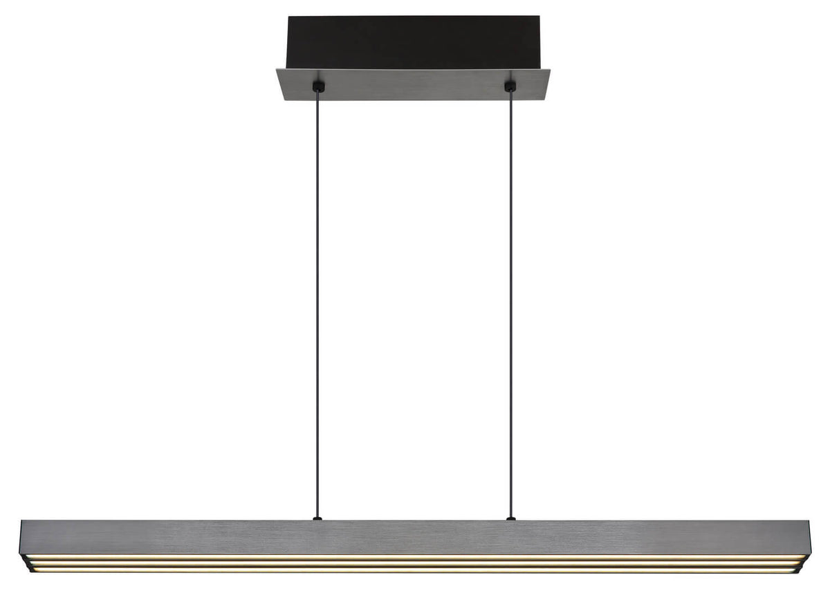 Vue de face du bandeau rectangulaire suspendu par deux câbles et son socle noir.