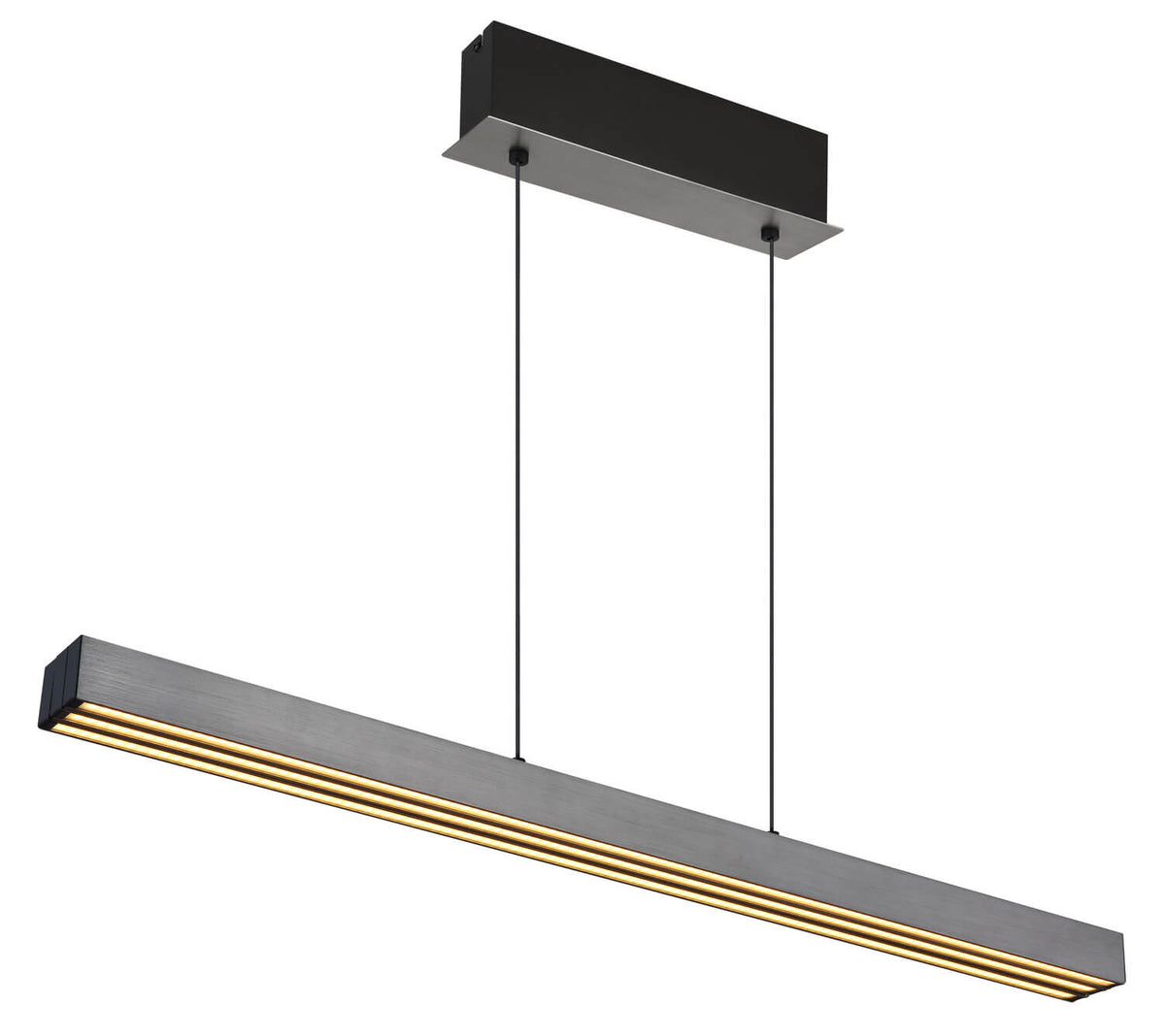 Détail du luminaire allumé en lumière chaude dorée sur fond blanc neutre.