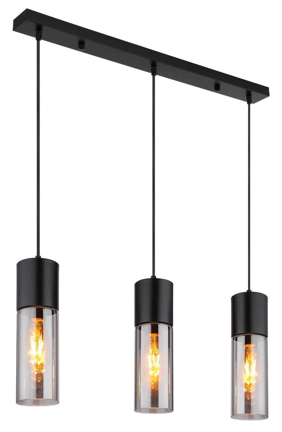 Vue entière de la suspension trois lumières, support noir et cylindres de verre transparent.