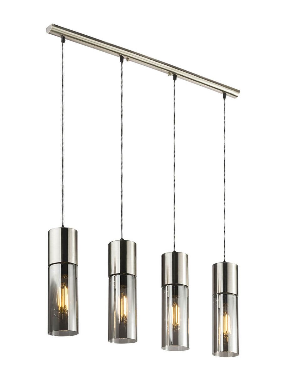 Vue de face du luminaire suspendu avec quatre abat-jours cylindriques alignés
