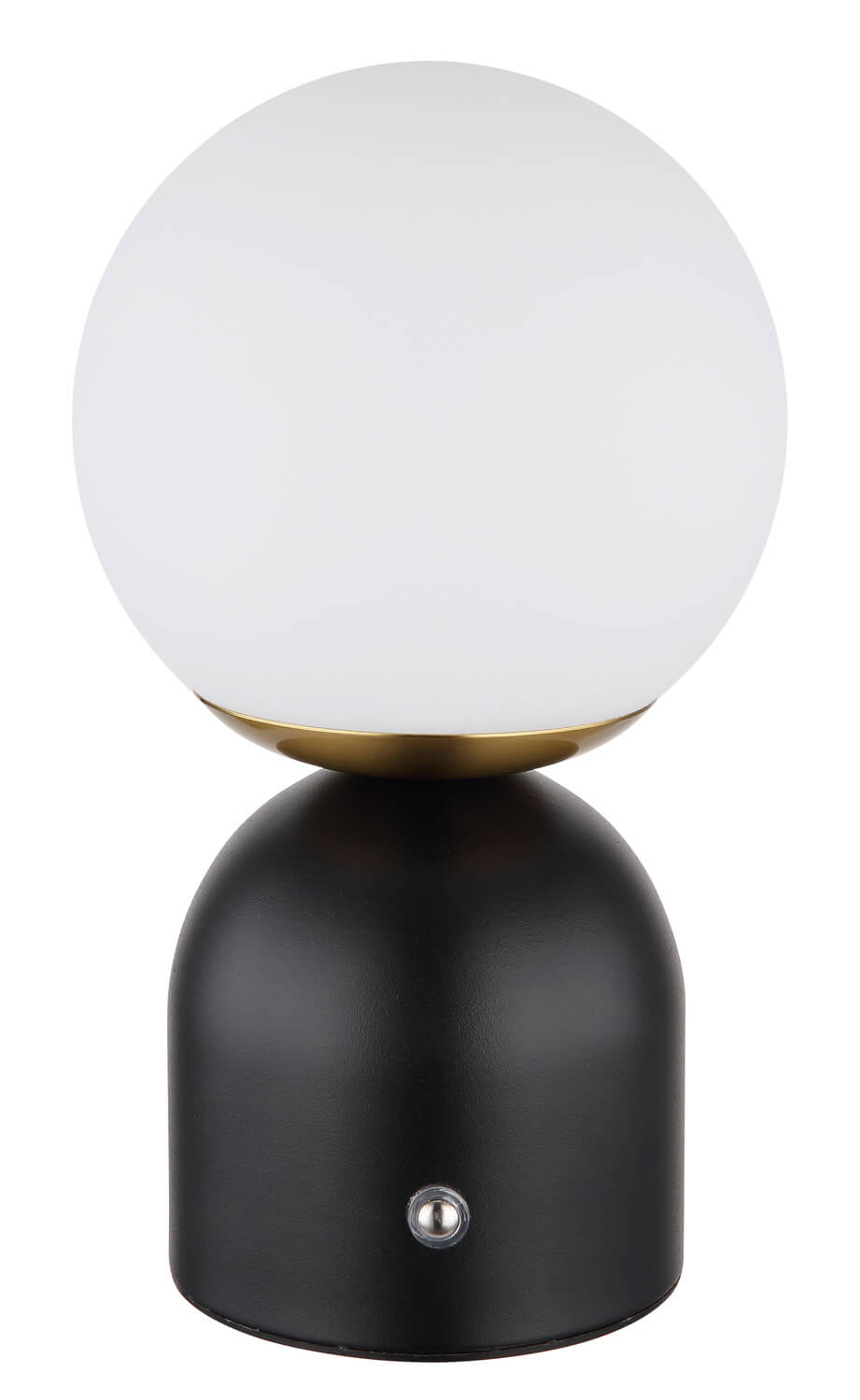 Lampe éteinte, globe opalin blanc posé sur base noire mate