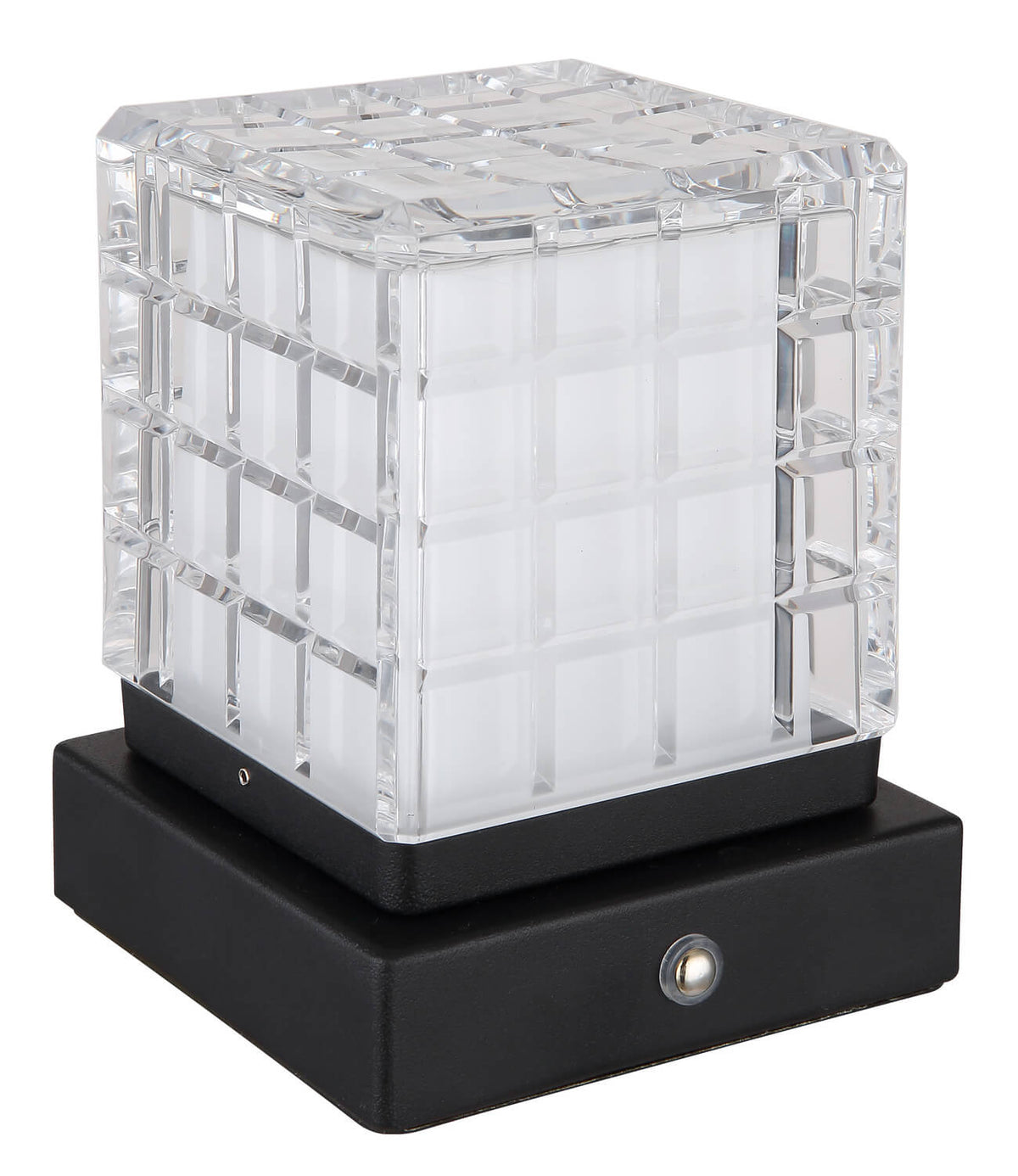 Produit éteint, verre transparent à motif quadrillé sur base noire mate.