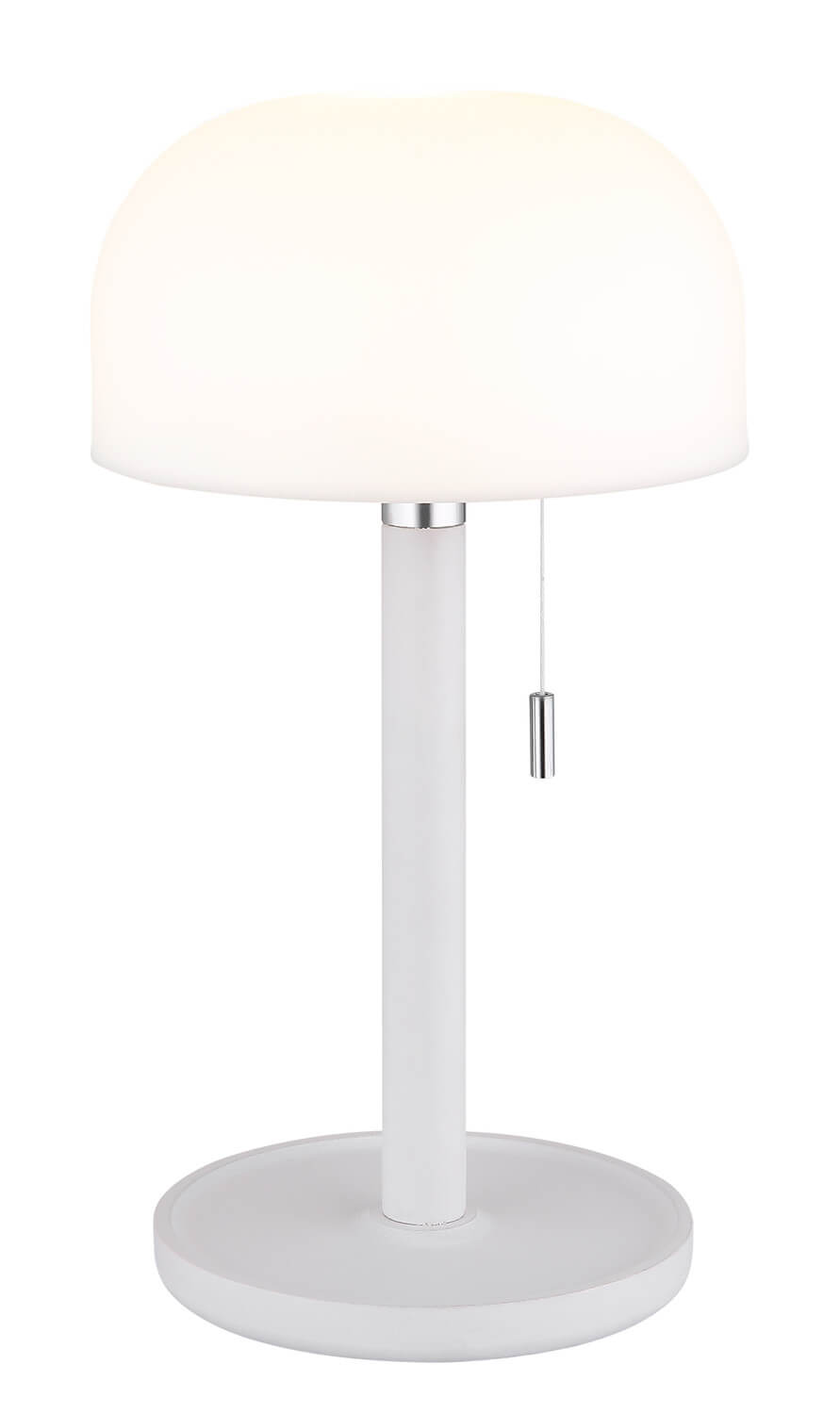 Vue rapprochée de la lampe allumée, pied cylindrique blanc et interrupteur à tirette