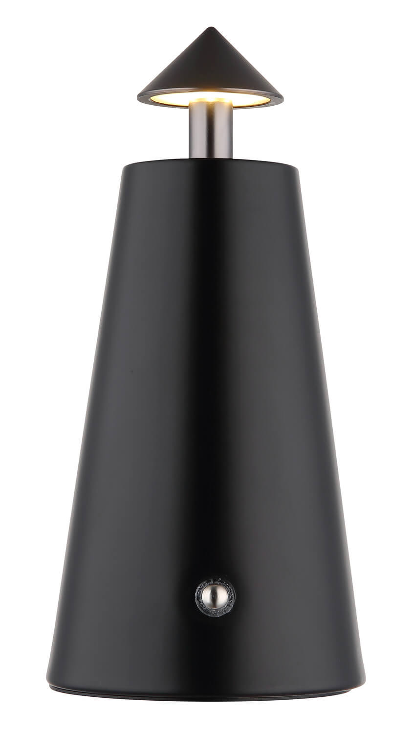Produit allumé de face, halo lumineux chaud sous l’abat-jour conique noir mat.