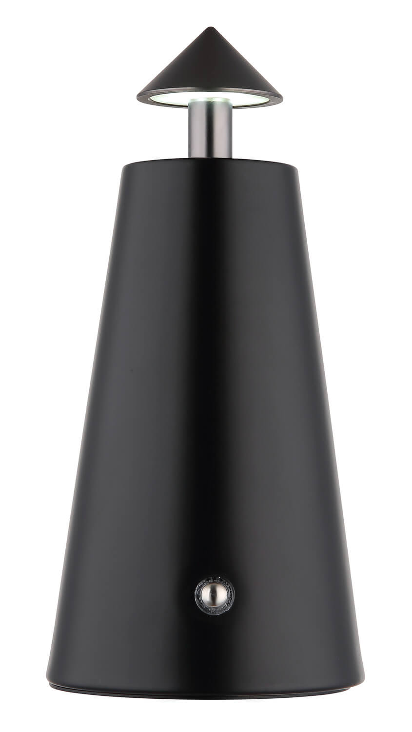 Lampe allumée avec éclairage blanc froid sous l’abat-jour, corps noir et tige centrale.