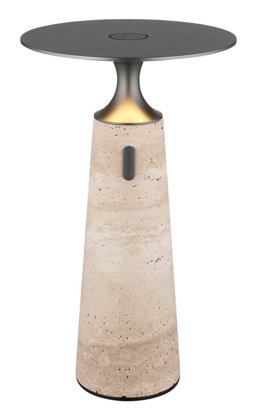 Photo produit du luminaire de face, socle travertin et chapeau rond