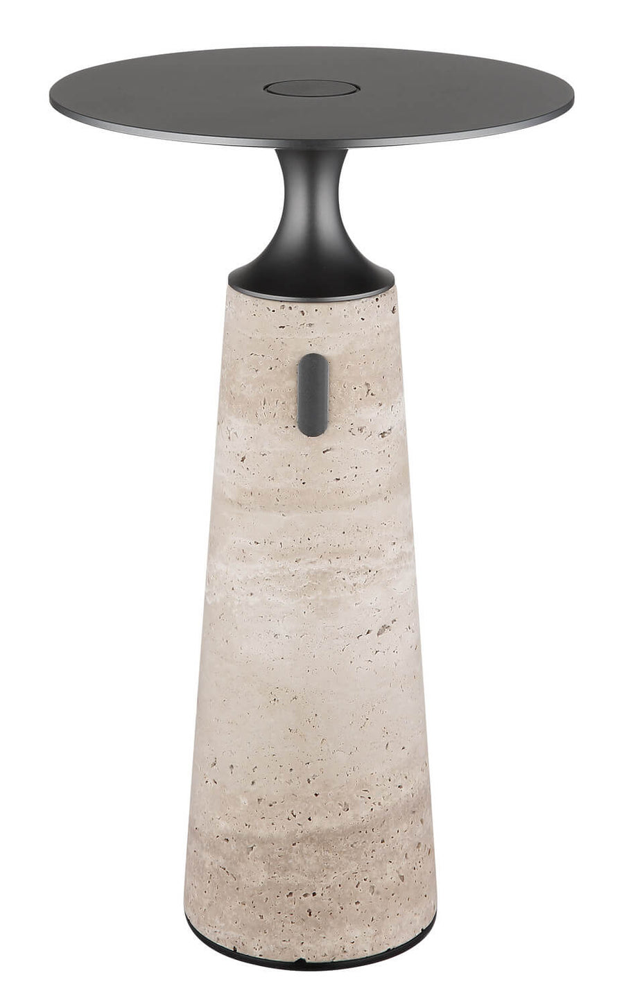 Luminaire à poser vu de face, travertin beige et partie supérieure sombre