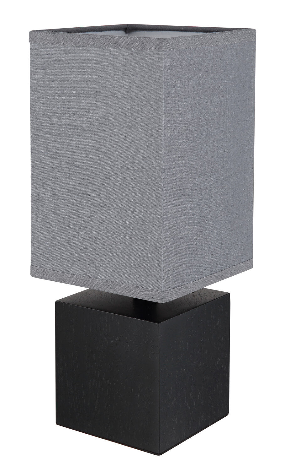 Lampe éteinte, abat-jour gris textile et socle cubique noir, vue de trois quarts