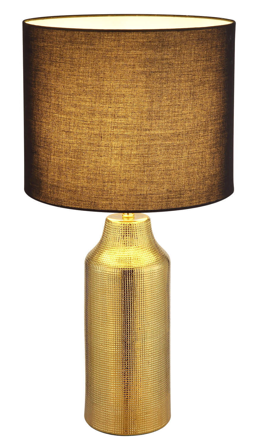 Vue rapprochée de la lampe dorée et de son abat-jour sombre en tissu texturé.