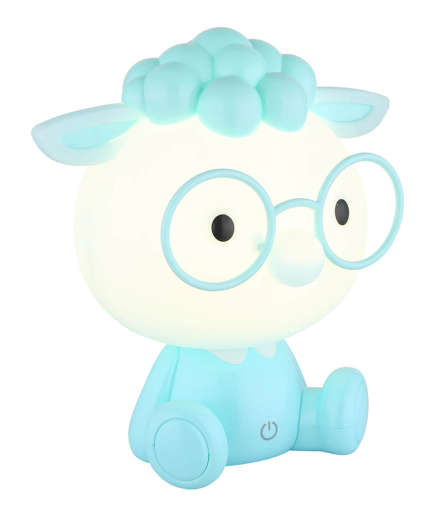 Veilleuse mouton bleu clair à lunettes rondes, allumée et présentée de face