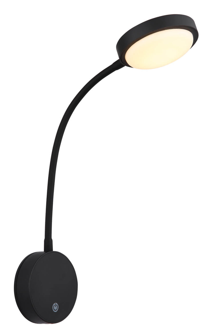 Vue de trois quarts de la lampe murale, bras courbé et socle rond tactile