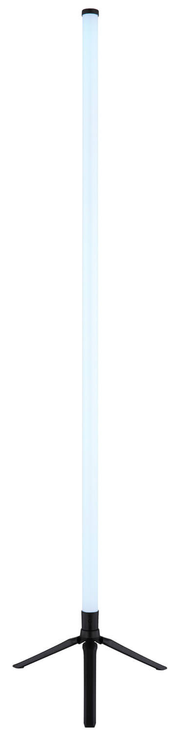 Lampadaire tube vertical blanc allumé, debout sur son pied trépied noir
