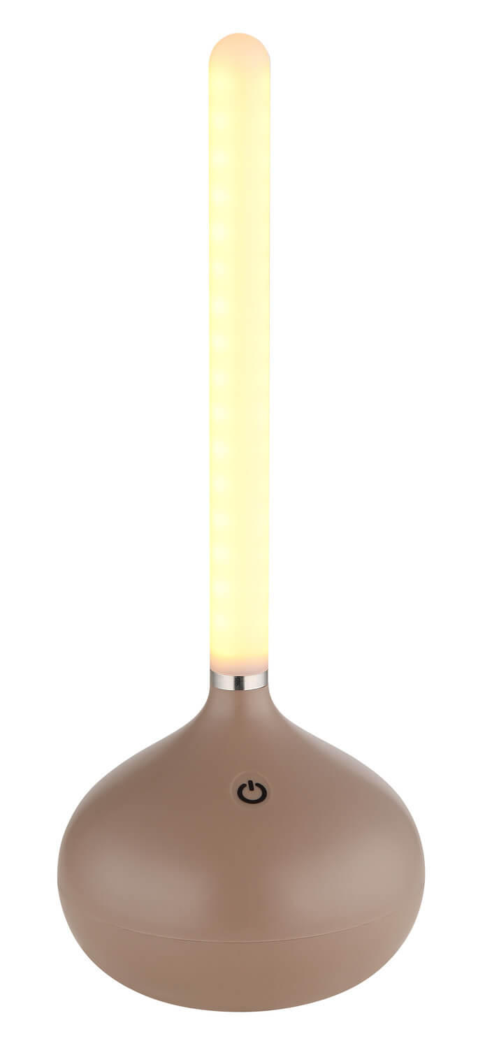 Détail produit allumé, tube diffusant une lumière chaude et bouton tactile.