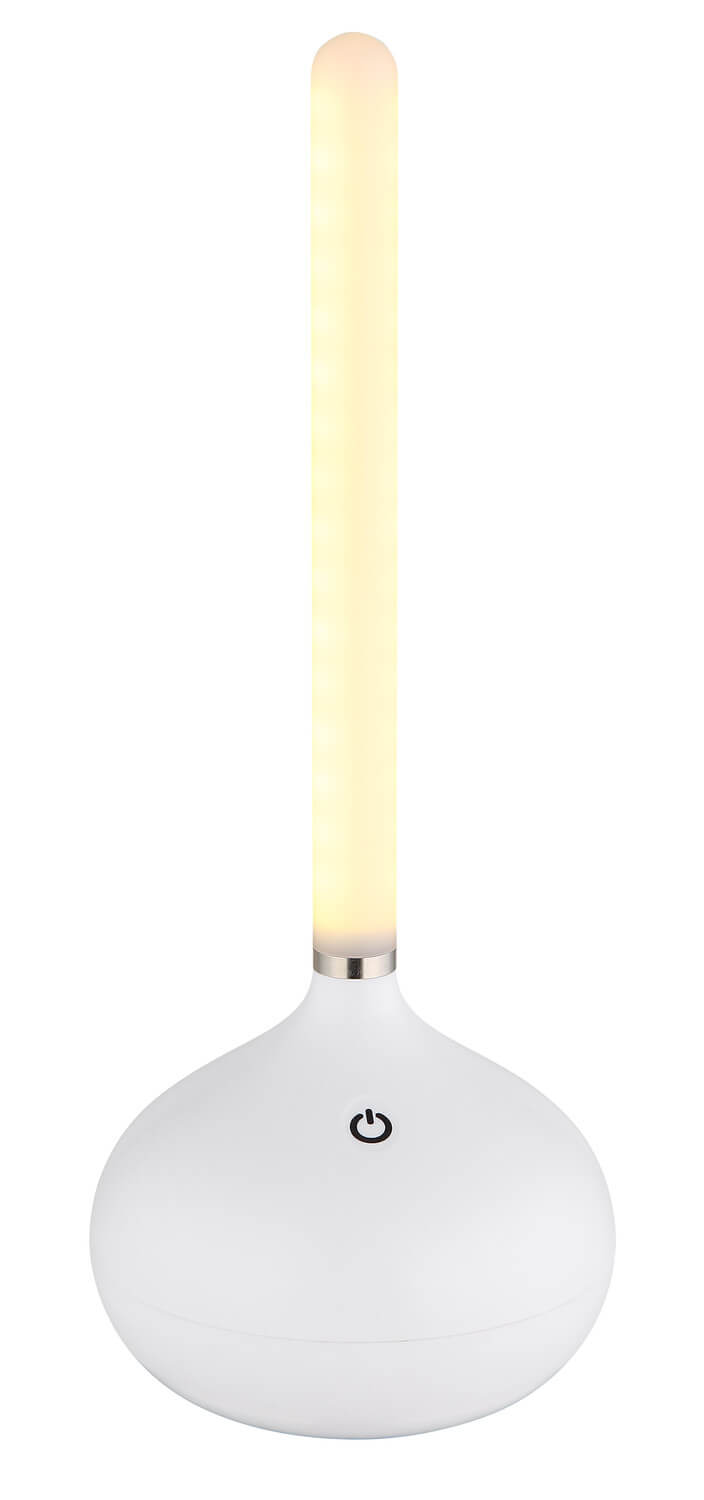 Produit de face, socle arrondi blanc mat et long tube lumineux allumé