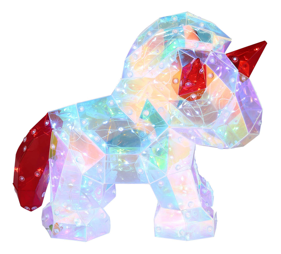 Profil du cheval lumineux, facettes irisées et détails rouges, sans boîte.