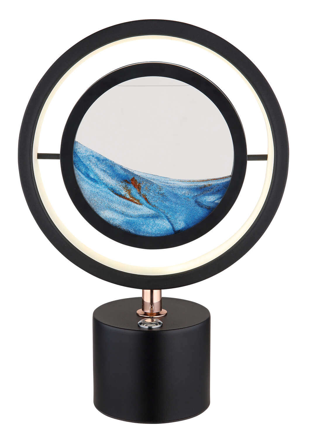 Face avant de la lampe à poser, anneau lumineux et motif bleu central.