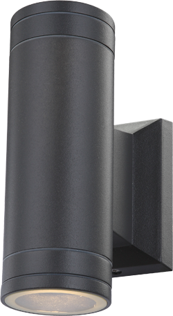 Vue rapprochée du luminaire anthracite, diffuseur verre en partie basse et boîtier mural