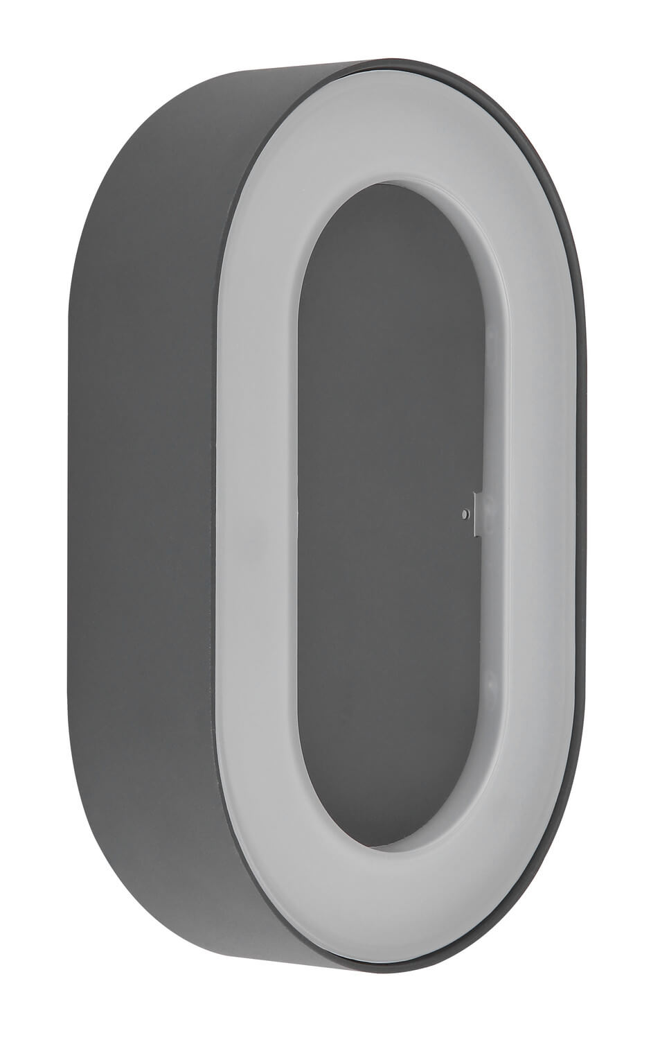 Produit éteint, face avant grise et diffuseur blanc en ovale.