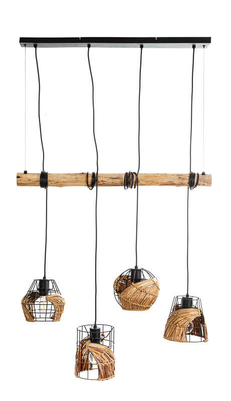Vue rapprochée du luminaire suspendu, abat-jours tressés et cordons noirs, fond neutre