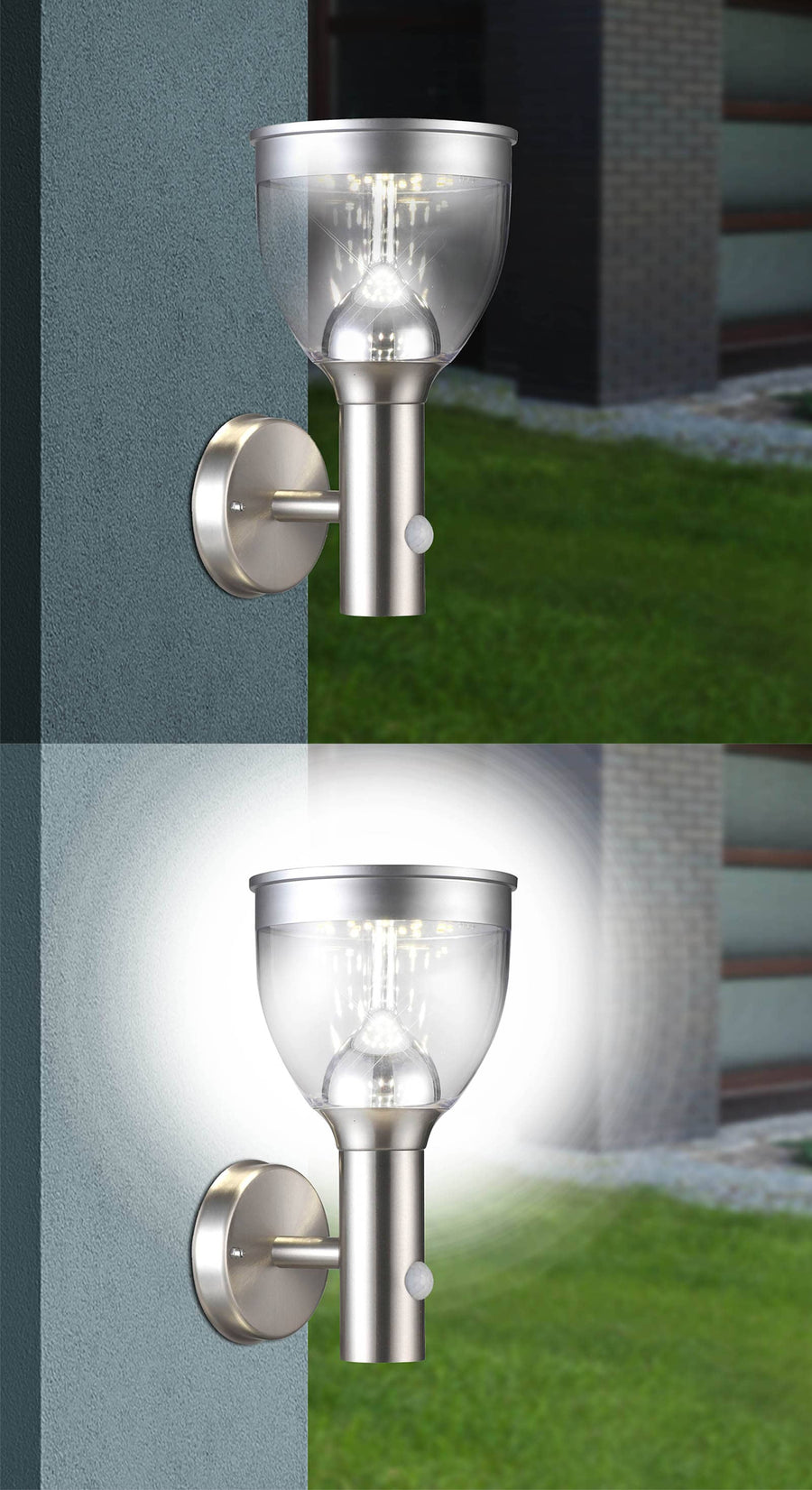 Même luminaire extérieur en situation, éclairage blanc diffusé sur la pelouse