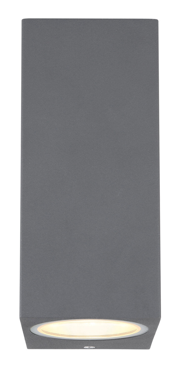 Face avant du caisson rectangulaire anthracite avec hublot circulaire lumineux en partie basse.