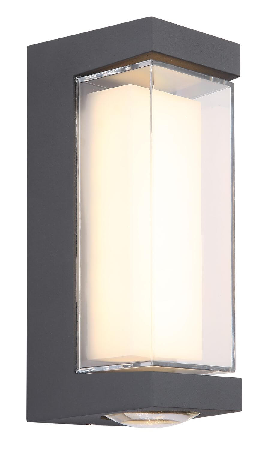 Vue de trois quarts du caisson aluminium, bordure en verre épais et diffuseur central