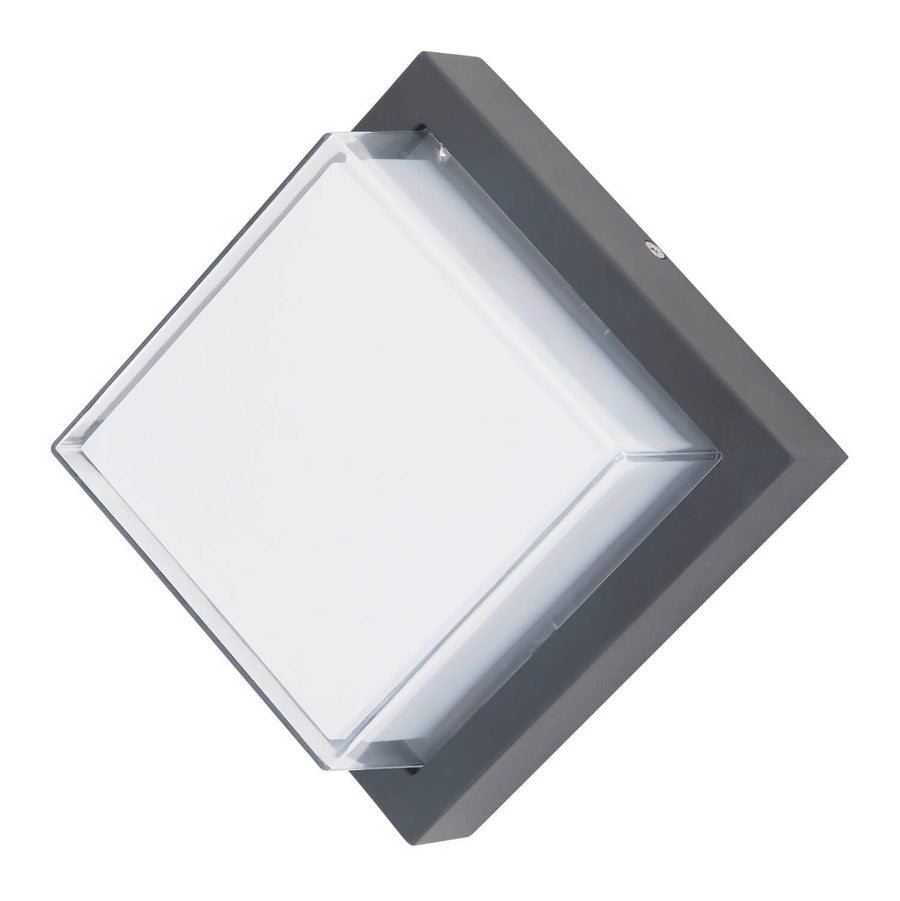 Luminaire éteint vu de face avec diffuseur blanc translucide et cadre gris