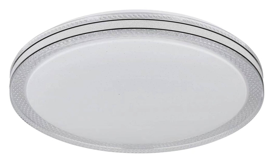Vue rapprochée du plafonnier éteint montrant le diffuseur blanc et la couronne transparente texturée.