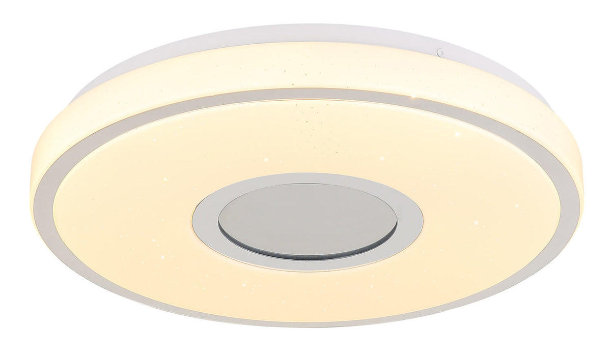 Vue de dessous du plafonnier allumé, anneau lumineux et disque central éclairé