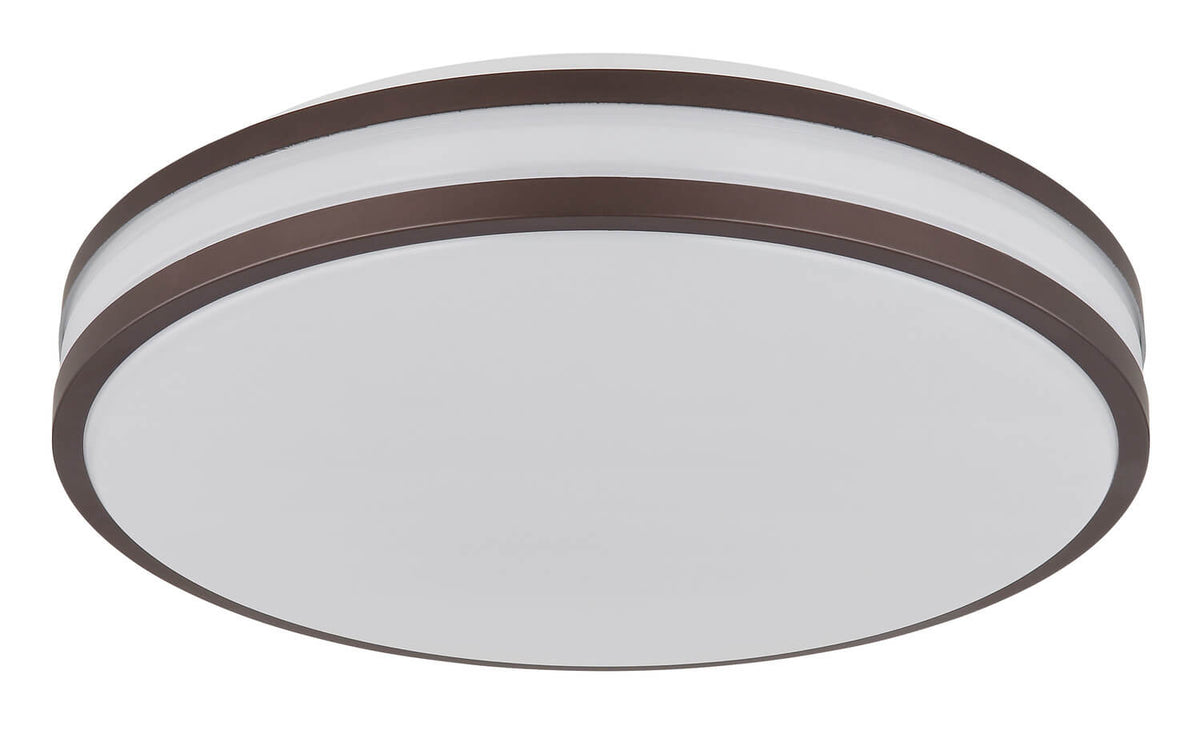 Vue de trois quarts du plafonnier rond avec diffuseur blanc et deux anneaux marron