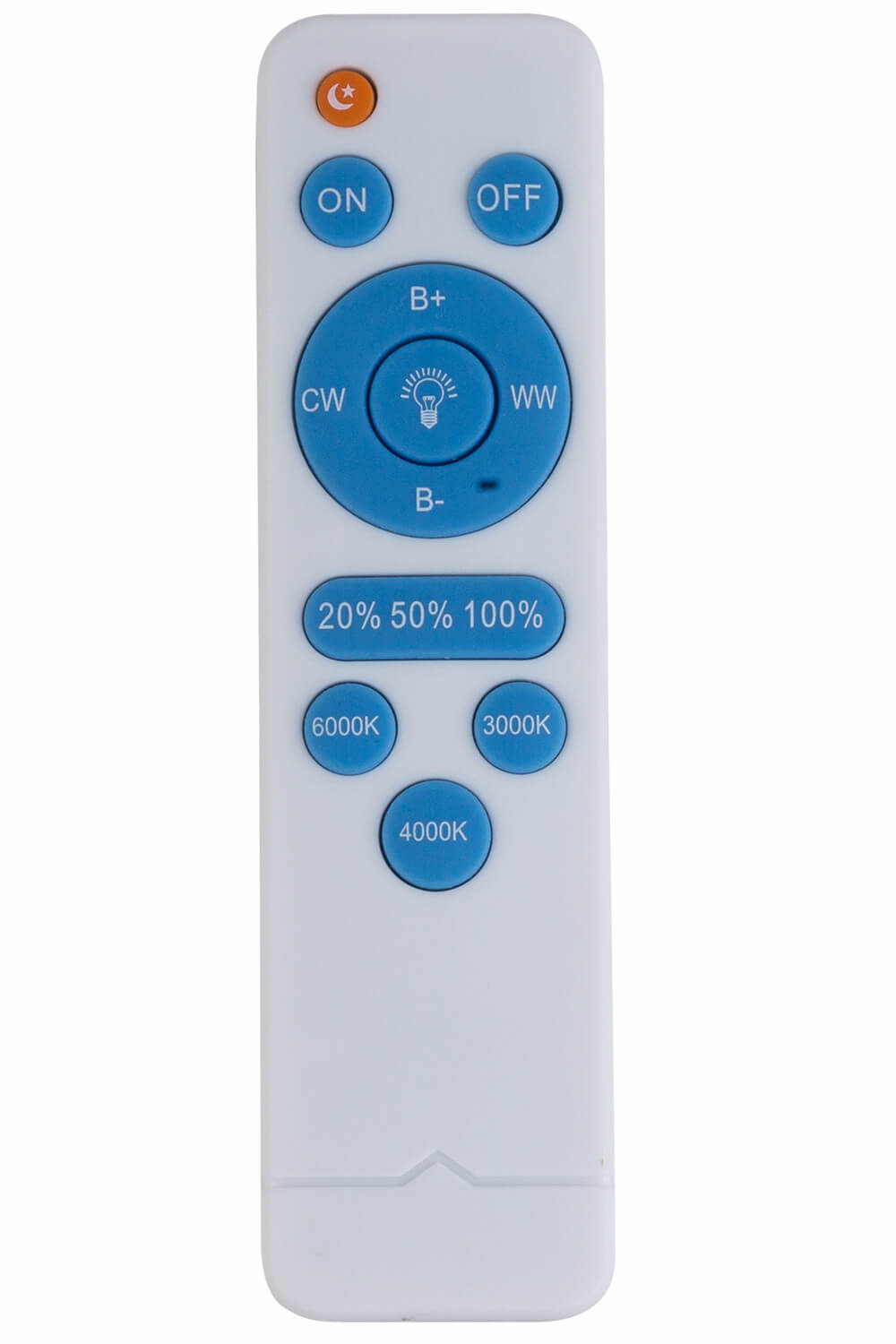 Télécommande blanche à boutons bleus pour régler intensité et température de couleur