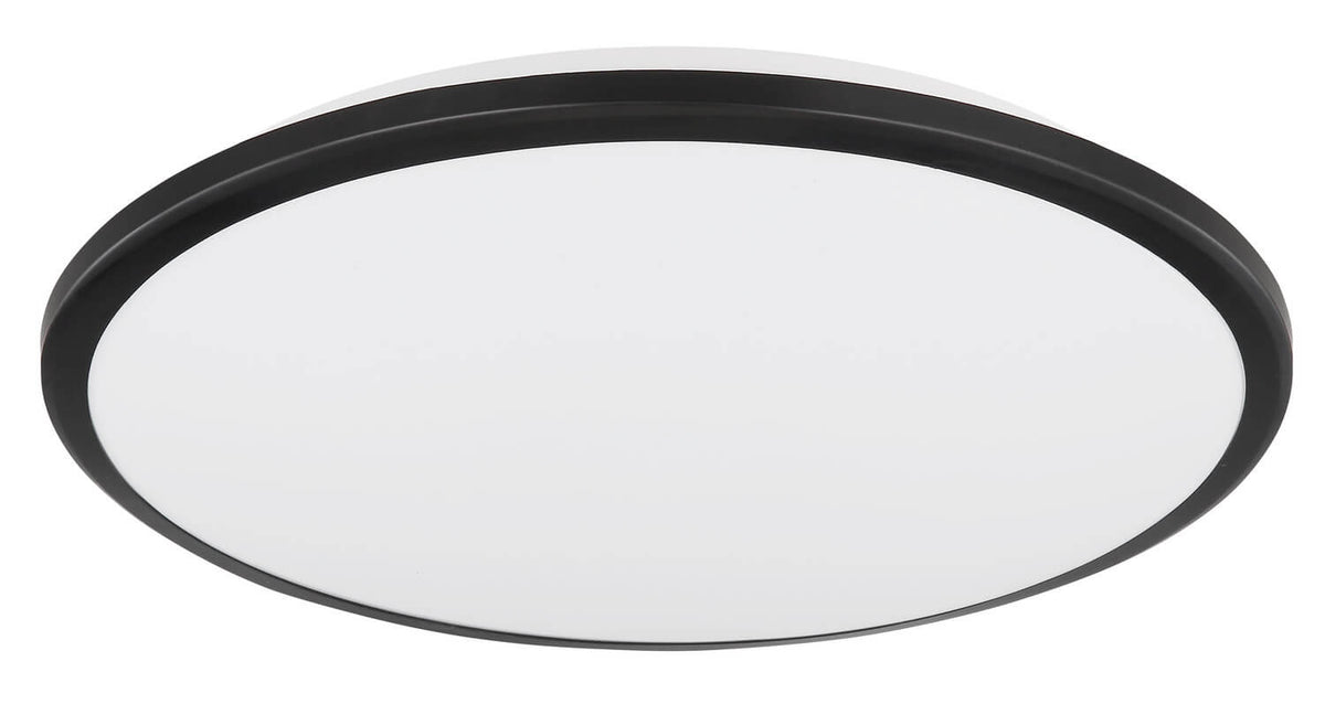 Vue de face du plafonnier éteint, diffuseur blanc dépoli et large anneau noir