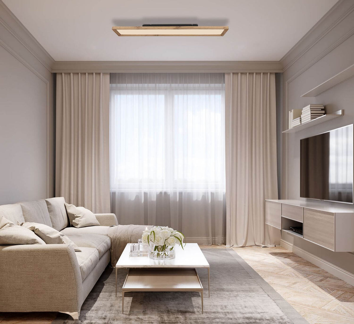 Mise en ambiance dans un salon moderne, plafonnier rectangulaire fixé au plafond.