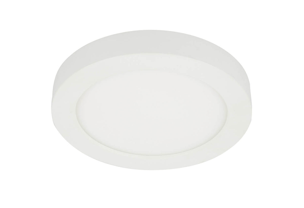 Plafonnier rond blanc éteint, vue de face, détail du cerclage et du diffuseur