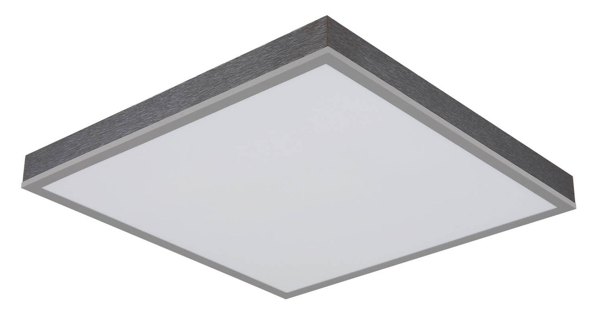Plafonnier carré éteint, diffuseur blanc et cadre argenté texturé effet bois.