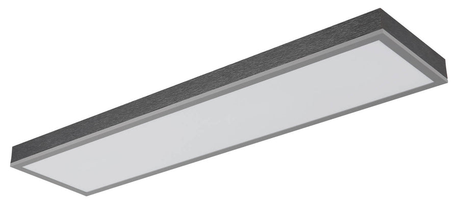 Plafonnier rectangulaire éteint, diffuseur gris et structure argentée.