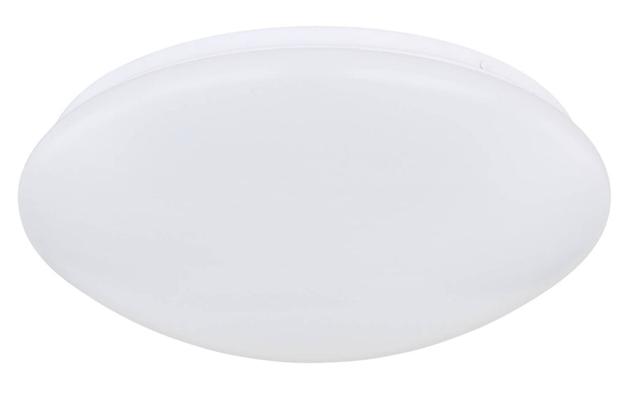 Plafonnier éteint vu de face, diffuseur blanc mat et cerclage fin