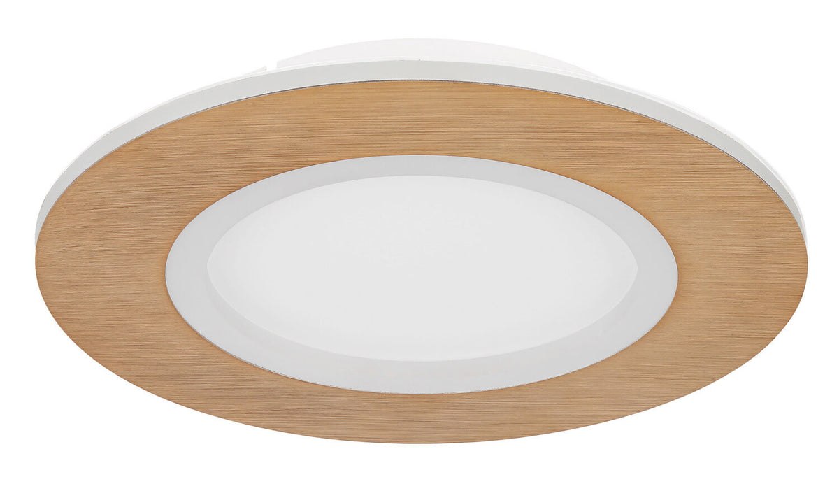 Vue de face du plafonnier éteint, cerclage bois et verre blanc dépoli