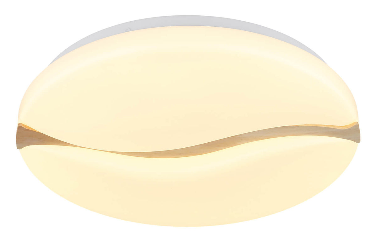 Plafonnier allumé diffusant une lumière chaude, face avant, bande en bois visible.