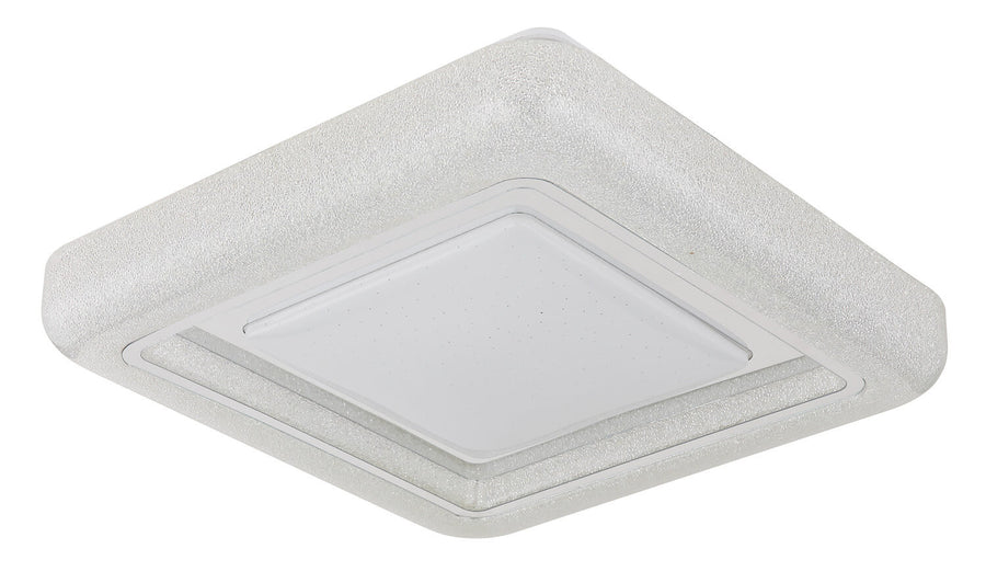 Vue de biais du luminaire blanc, montrant la bordure en verre granulé.