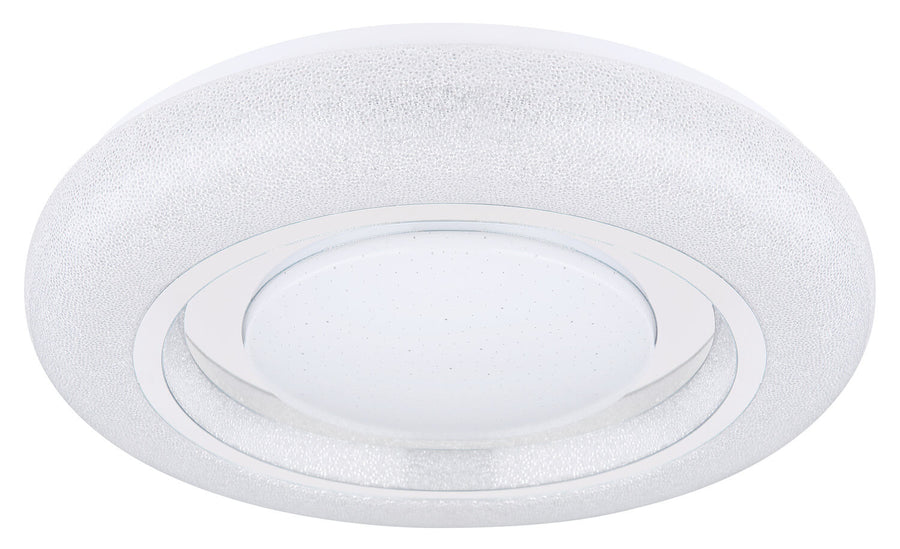 Plafonnier éteint vu de face, verre blanc finement granité et cercles concentriques
